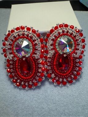 Red Beaded Statement Earrings - Sparkling Crystal Accents